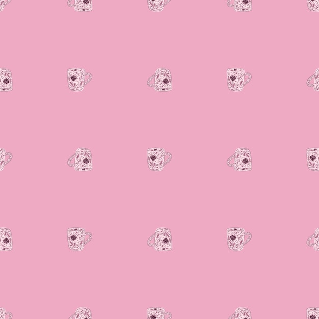 cute mugs seamless pattern. background of teatime. repeated texture in doodle style for fabric, wrapping paper, wallpaper, tissue. vector illustration.