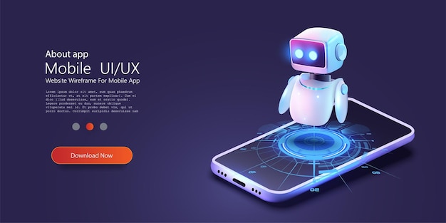 Cute neon cartoon robot AI Content Generator Chatbot technology isometric Technology and engineering AI chat bot based on artificial intelligence and neural networks Online training banner