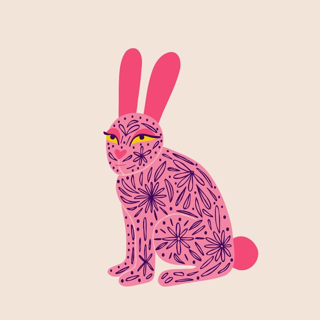 Cute pink rabbit with tattoos Illustration in a modern childish handdrawn style