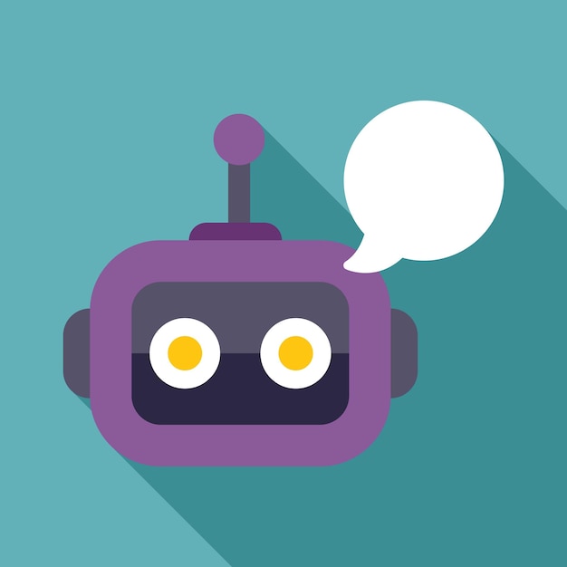 cute purple robot chatting with speech bubble on green background
