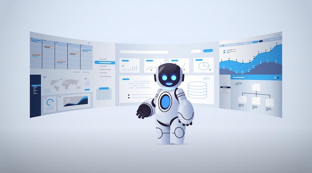 cute robot analyzing statistics financial data on virtual boards artificial intelligence technology 