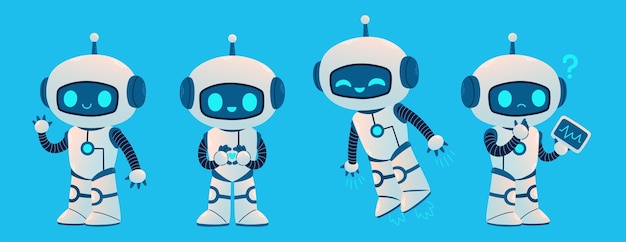 Cute Robot set. Cartoon Science Technology Concept Isolated Vector. Flat Cartoon Style