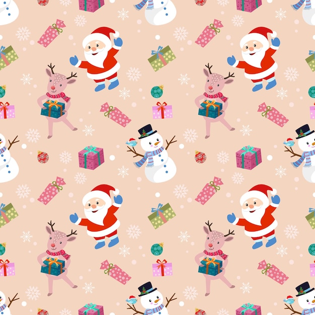Cute Santa claus snow man and deer with gift seamless pattern.