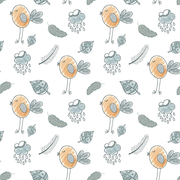 cute simple pattern with doodle elements seamless background monochrome birds and clouds