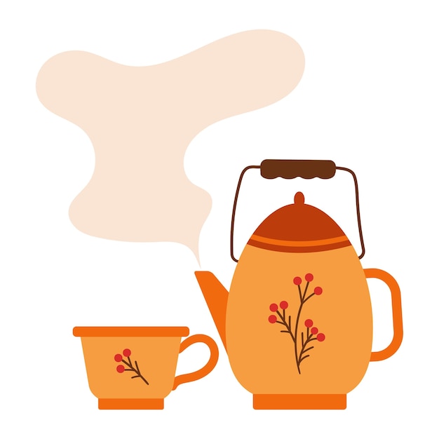 Cute teapot with hot steam cup and herbs Rustic teapot with autumn herbal drink cup