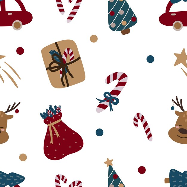 Cute vector Xmas seamless pattern on white backdrop Print for textile linen and pajamas web