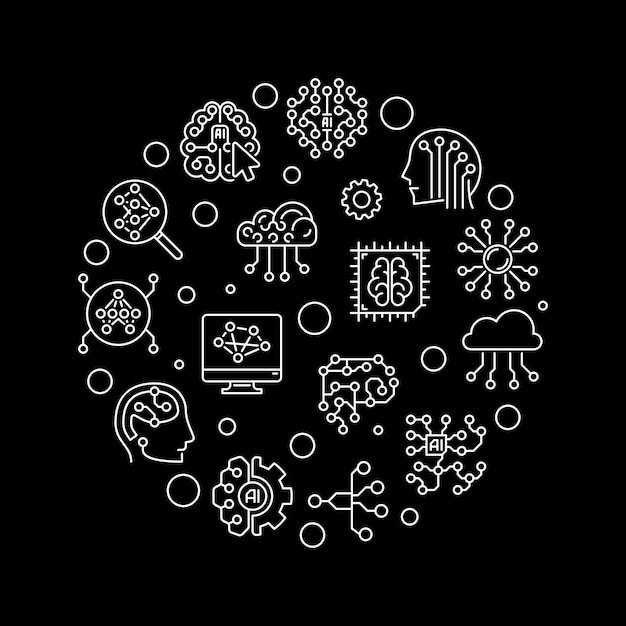 Cyber Brain and AI line round banner AI vector concept illustration