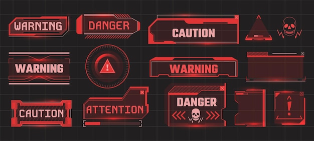 Cyber danger badges Futuristic warning message attention alert in digital tech frame and system caution with cyberpunk hud user interface vector UI set