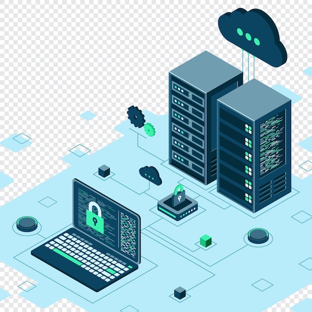 Cyber data security Internet security isometric concept Server room connected with laptop through protected hub Computing internet digital technology Vector illustration