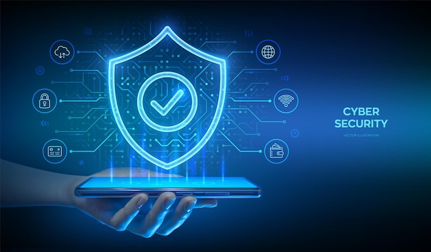 cyber security app for smartphone protection protection shield with check mark icon secure internet connection vpn encryption personal data protection smartphone in hand vector illustration