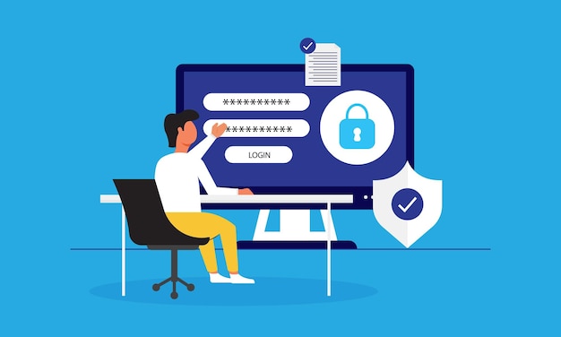 Cyber security concept Man sitting at computer screen