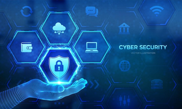 cyber security data protection technology concept on virtual screen shield protect icon in hand