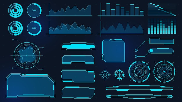 Cyberpunk graphs. Futuristic digital charts, bars, diagrams and frames for UI, HUD and GUI. Techno audio wave, border and button vector set. Display with data for computing, virtual game