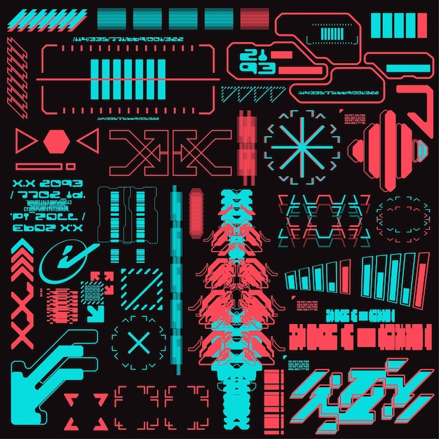 Cyberpunk y2k 2000-luvun pelien futuristinen ikoni kuviopaketti kokoelma mallipohja hud brändäykseen muodin t-paitojen koristeluun tarroja 2d-kuvitus renderöintivektori