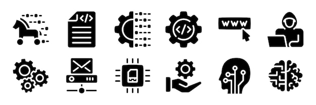 Cybersecurity and tech development icon set Silhouette style