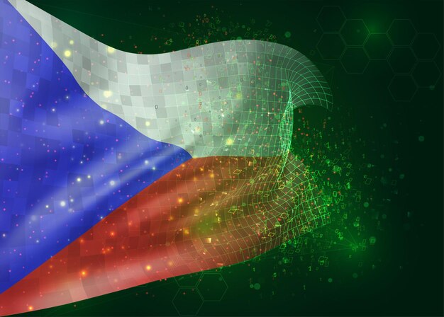 czech republic, on vector 3d flag on green background with polygons and data numbers