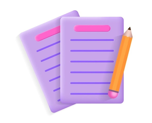D documents with pencil realistic icon with sheet of paper and lines sticker for website and social