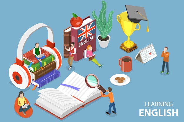 D isometric flat vector conceptual illustration of learning english foreign language class