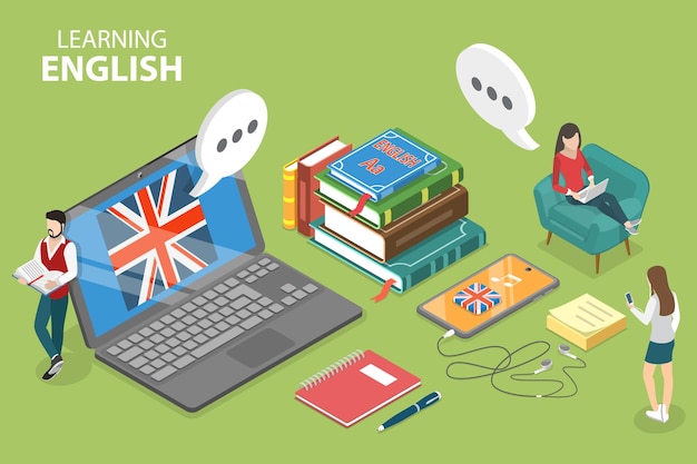 D isometric flat vector conceptual illustration of learning english language internet courses