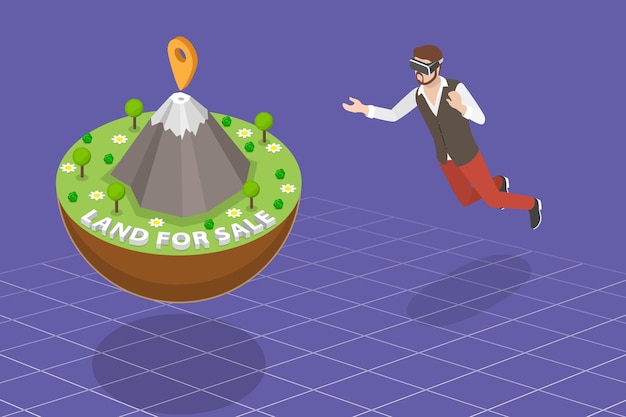 D isometric flat vector conceptual illustration of metaverse virtual land digital real estate and