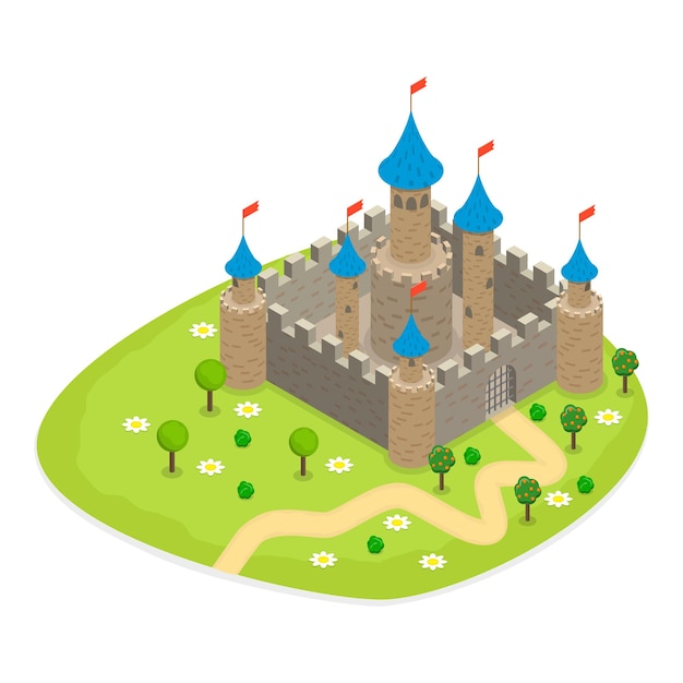 D isometric flat vector set of medieval castles fortresses and towers item