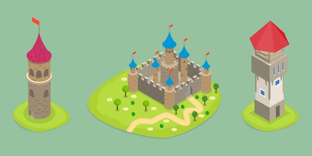 D isometric flat vector set of medieval castles fortresses and towers