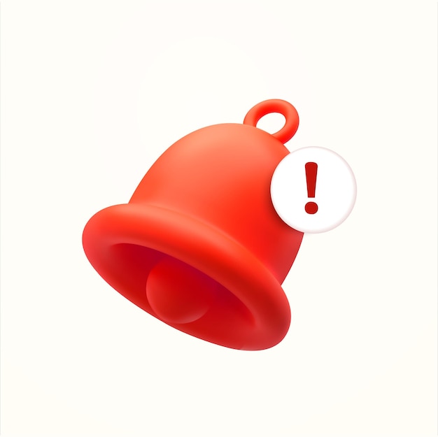 D rendered minimal red bell with notified exclamation mark icon isolated on white background