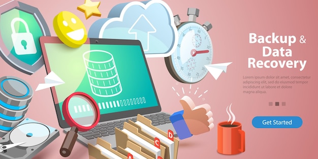 D vector conceptual illustration of data recovery service cloud backup technologies