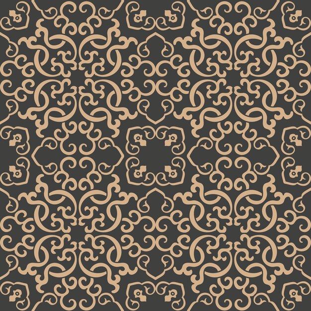 Damask seamless retro pattern background oriental spiral curve cross frame chain vine.