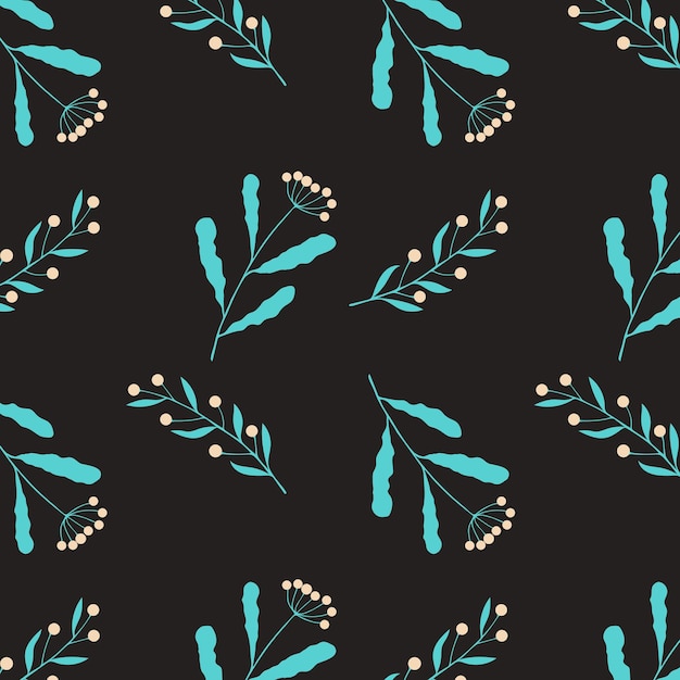Dark floral pattern with blue leaves and berries on black background Hand drawing twigs