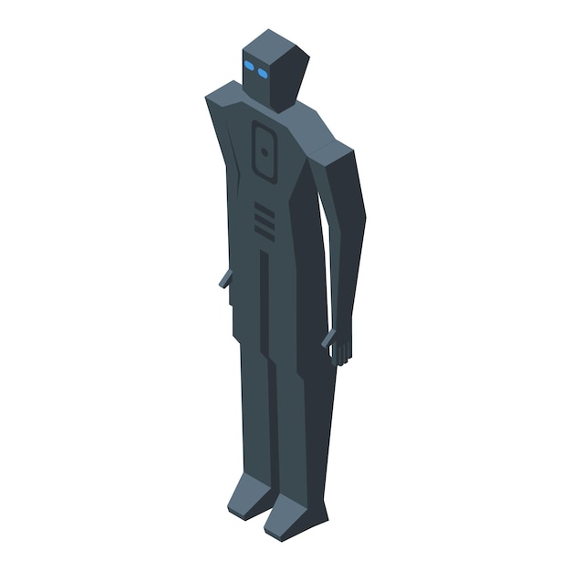 Dark grey robot standing still with arms hanging down