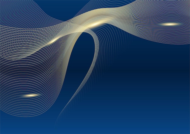 dark navy blue and gold curve shapes on background with glowing golden striped lines and glitter. luxury and elegant. abstract template design. design for presentation, banner, cover.
