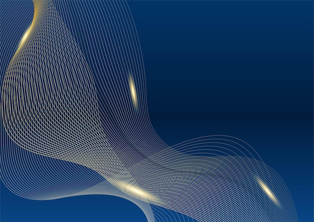 dark navy blue and gold curve shapes on background with glowing golden striped lines and glitter. luxury and elegant. abstract template design. design for presentation, banner, cover.
