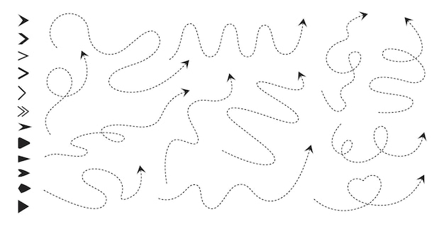 Dash line arrows Route paths with arrow icons roadmap direction pointer and navigation lines Dashed routes with different arrowhead styles vector set Curved dotted thin isolated way