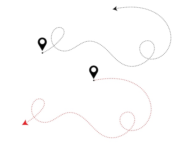 Dashed line arrow route path location pin with winding vector