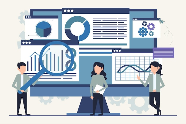 data analysis concept group of business people working on computer illustration in flat style