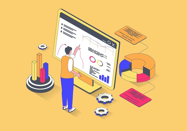 Data analysis concept in 3d isometric design Man making statistics research works with graph and charts at dashboard for reports Vector illustration with isometry people scene for web graphic