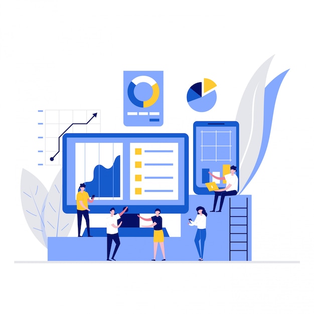 data analysis  illustration concept with characters. people using technologies to planning strategy.