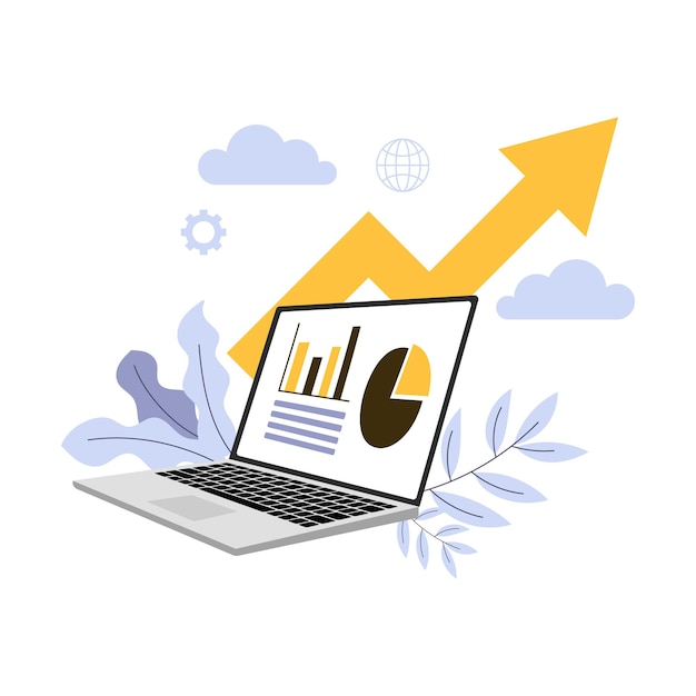 Data analyst work job illustration with graph and laptop flat design
