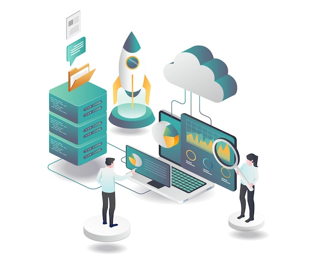Data analytics and rocket launching isometric illustration