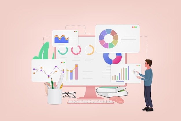 Data analytics concept Charater analyzing statistical or financial information Web site template Data analytics dashboard and business finance report Big data or stock market analysis