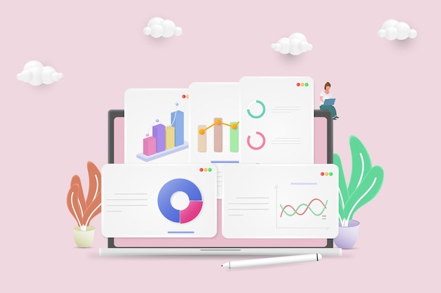Data analytics concept Dashboard SEO on screen laptop Business finance report 3D Vector Illustrations