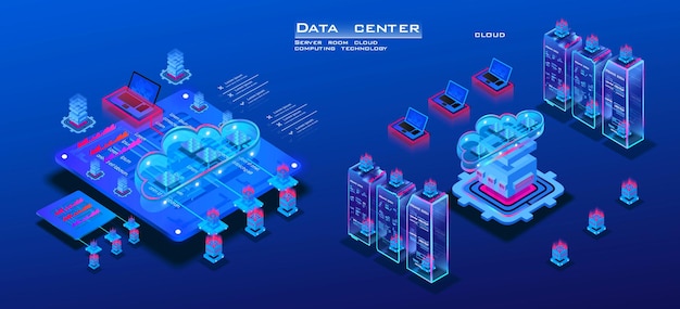 data and information center isometric concept server room with powerful processor for web hosting concept storing large amounts of information cloud computing and data processing
