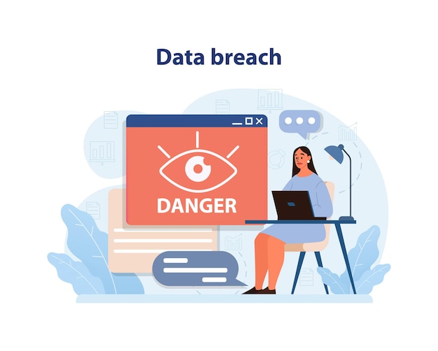 Data breach concept a concerned woman at her desk faces a computer screen flashing danger indicating