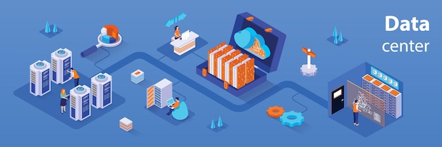data center concept 3d isometric infographics web banner people control and monitor operation of data processing equipment maintain of servers vector illustration in isometry graphic design