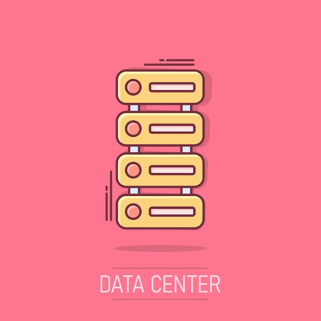 data center icon in comic style server vector cartoon illustration on white isolated background security business concept splash effect
