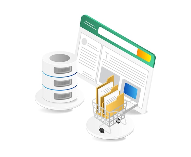 Data center isometric concept Server database and shopping cart on white background