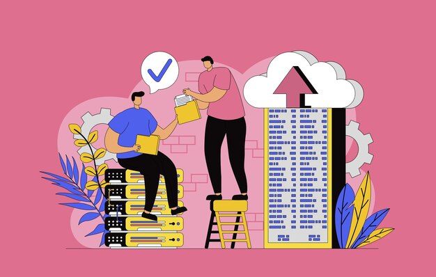Data center technology concept with modern flat design for web Engineers team maintaining server rack room controling performance of hardware monitoring infrastructure system Vector illustration