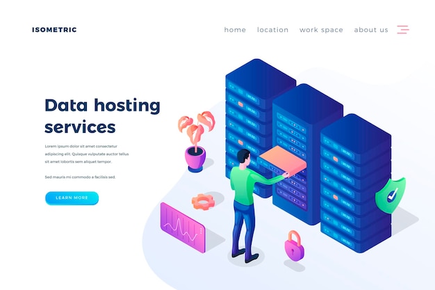 Data hosting service landing page vector template Secure remote database website homepage interface idea with isometric illustrations IT industry server maintenance web banner 3D cartoon concept