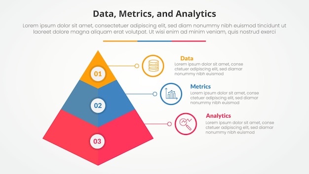 Data metrics and analytics infographic concept for slide presentation with 3d pyramid shape with 3 point list with flat style